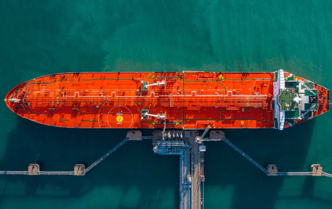 Aerial view of an oil tanker moored at a loading berth